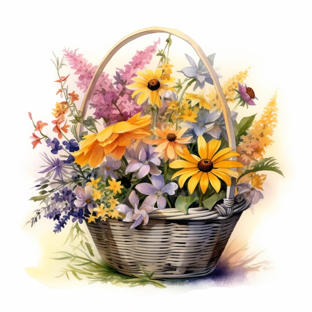 A basket of flowers is shown with a colorful flower in it.