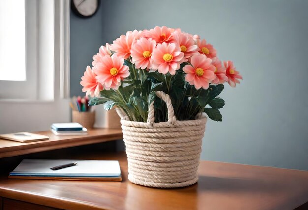 a basket of flowers sits on a desk next to a clock