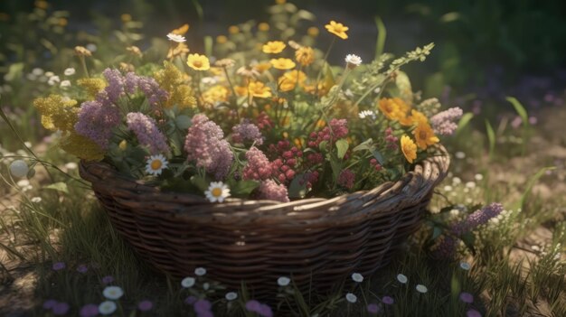 A basket of flowers sits in a field with a bunch of flowers in the foreground.