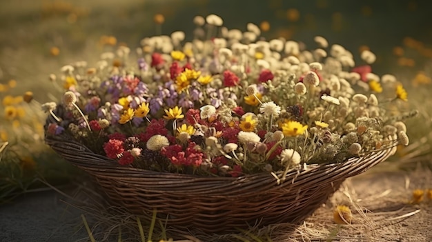 A basket of flowers sits on a sunny day.