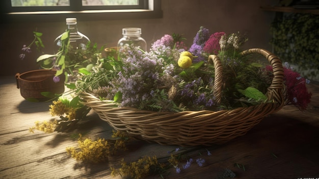 A basket of flowers sits on a table with a bottle of wildflowers on the table.