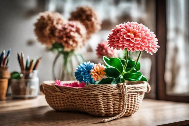 a basket of flowers sits on a table with a vase of flowers in it