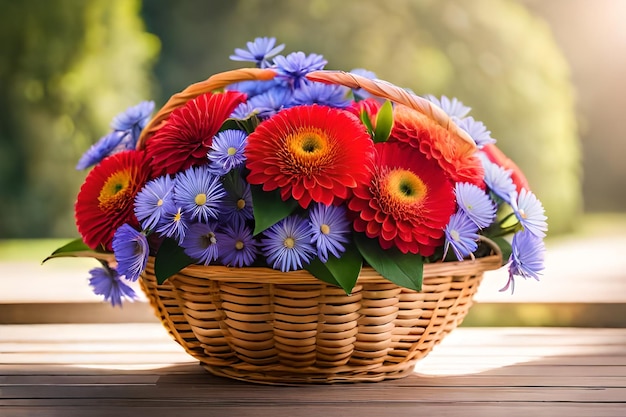 ぼんやりした背景のテーブルの上の花のバスケット