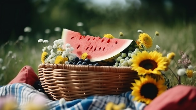 A basket of flowers and a watermelon