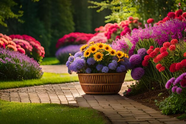 a basket of flowers with a basket of flowers in the background.