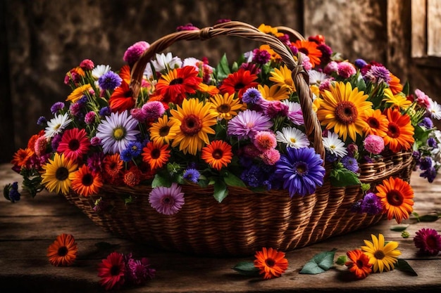 a basket of flowers with a basket of flowers on the side