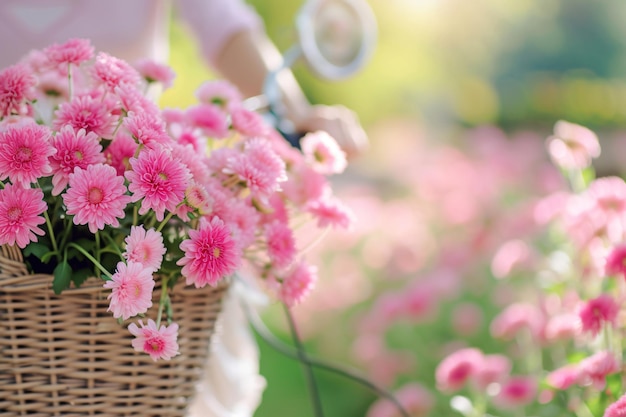 a basket of flowers with a bicycle in the background