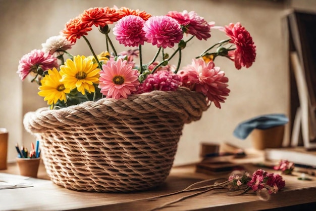 a basket of flowers with a blue bottle in the background