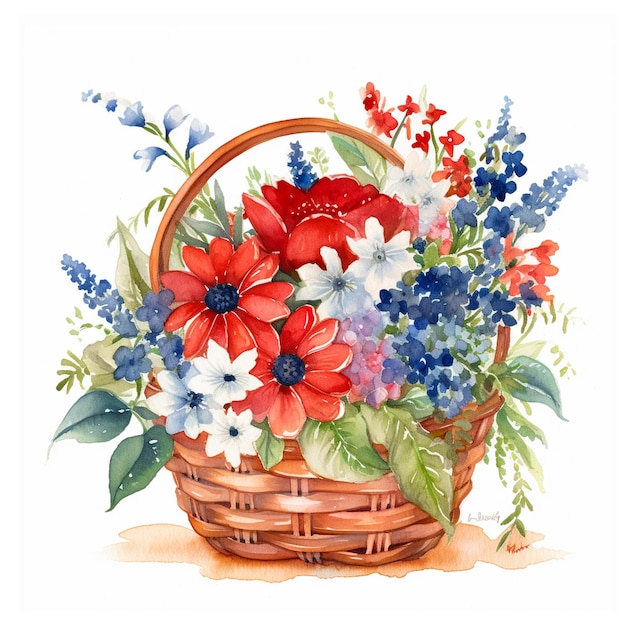 A basket of flowers with a blue and red flower
