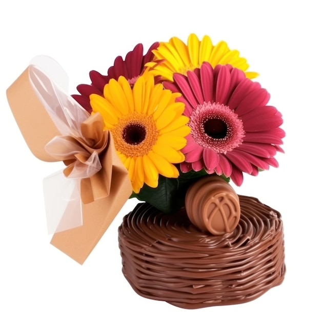 A basket of flowers with a chocolate shell