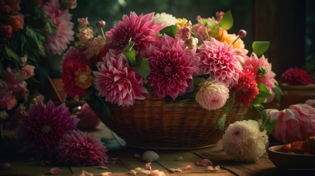 A basket of flowers with a flower on the table