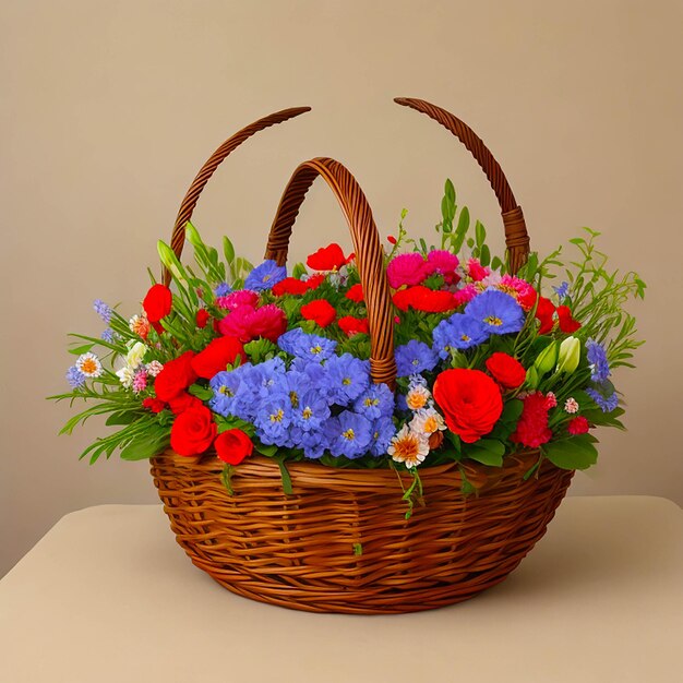 A basket of flowers with flowers in the background generated by AI