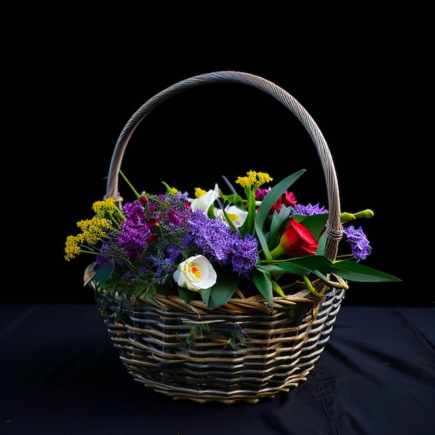 Photo a basket of flowers with flowers in the background generated by ai