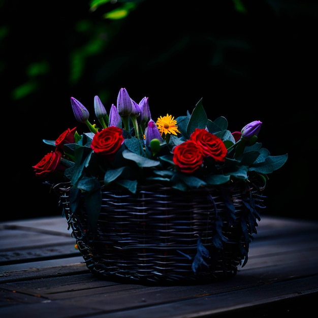 Photo a basket of flowers with flowers in the background generated by ai