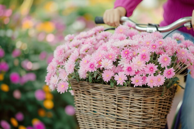 a basket of flowers with a girl on a bike