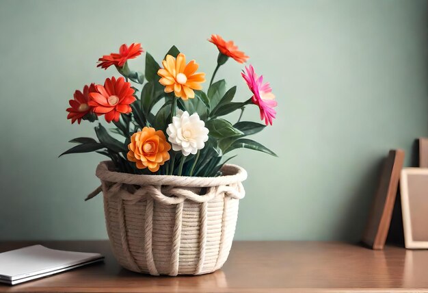 a basket of flowers with a green leaf