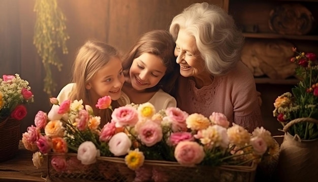 年配の女性と年配の女性の花のバスケット