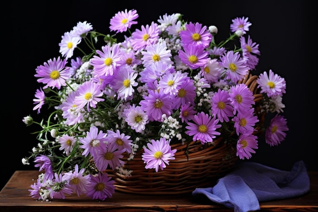 紫のリボンが付いた花のバスケット
