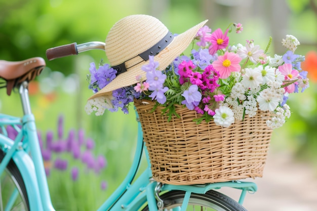 a basket of flowers with a straw hat on a bicycle