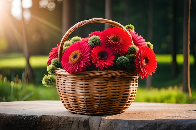 a basket of flowers with the sun behind it