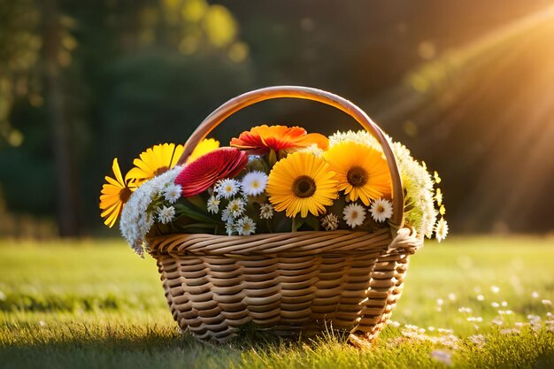 A basket of flowers with a sun setting behind them