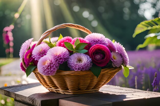 a basket of flowers with the sun behind them