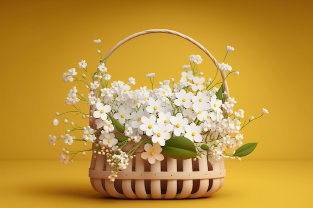 A basket of flowers with white flowers on a yellow background