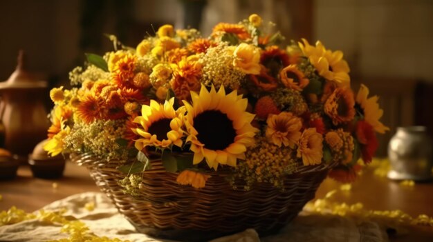 A basket of flowers with the word fall on it