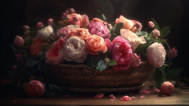 A basket of flowers with the word love on it