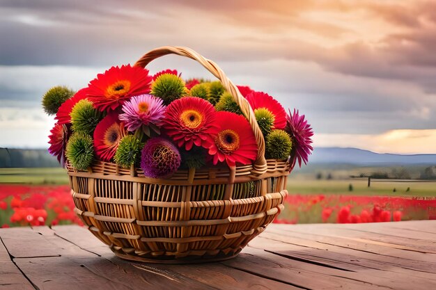 A basket of flowers on a wooden table