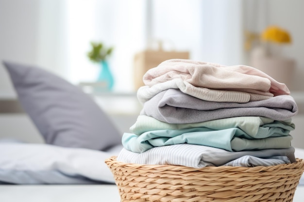 A basket of folded clothes sits on a table.