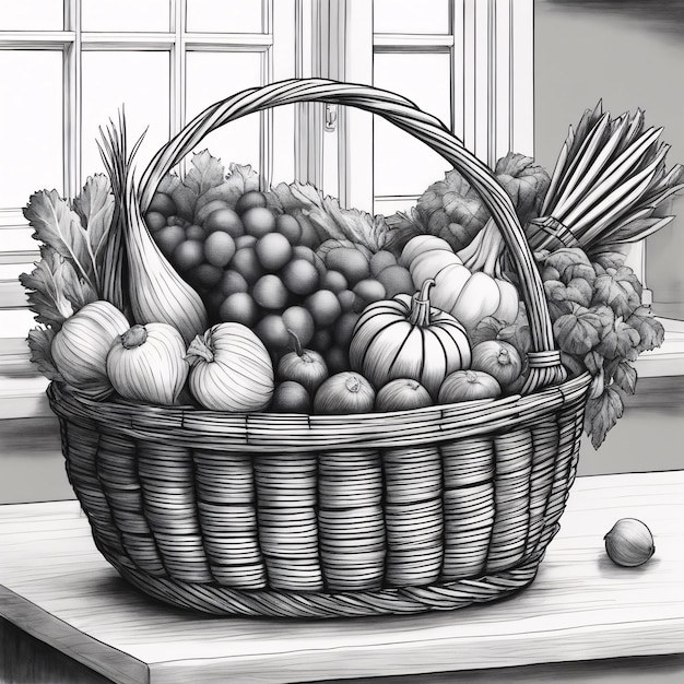 Photo a basket of food coloring page printable quality black white poster quality