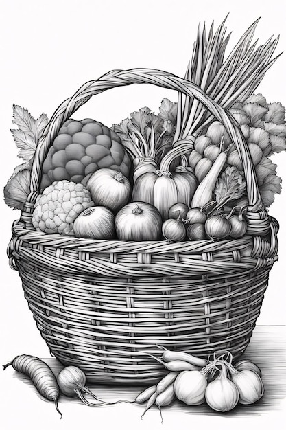 Photo a basket of food coloring page printable quality black white poster quality