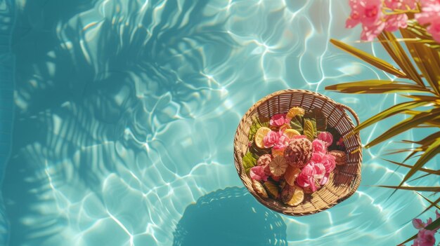 a basket of food floating in the swimming pool on blue watervacation and honeymoon concept