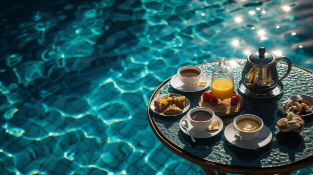 a basket of food floating in the swimming pool on blue watervacation and honeymoon concept