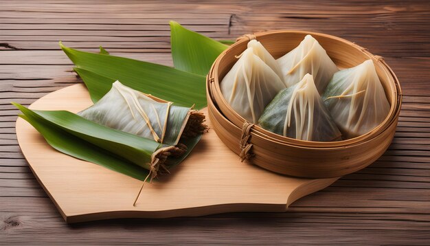 Photo a basket of food with a bamboo handle and a bamboo bow