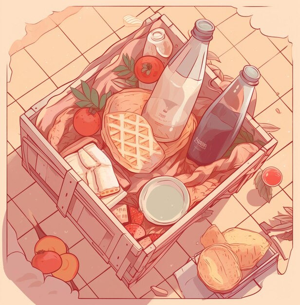 A basket of food with a bottle of wine and a bottle of wine.