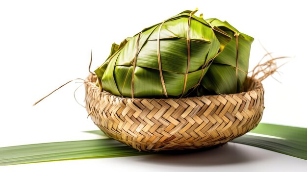 A basket of food with a leaf on it