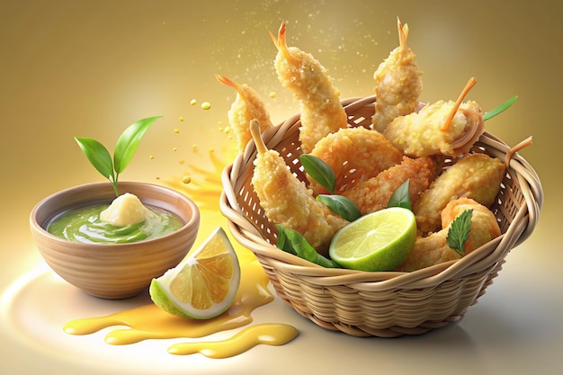 a basket of food with lemon wedges and limes