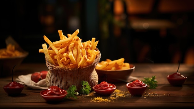 A basket of french fries and ketchup on a table.