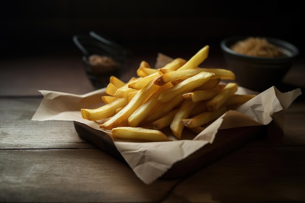 A basket of french fries sits on a table with a bowl of garlic and a bowl of garlic.