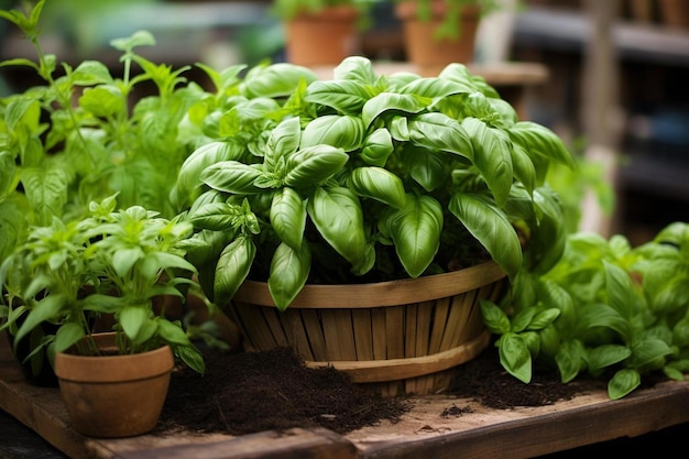 a basket of fresh basil is displayed on a table.