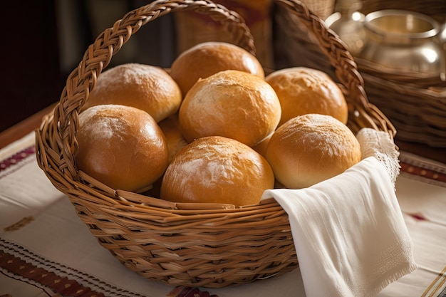 Basket of fresh bread rolls ready for serving created with generative ai