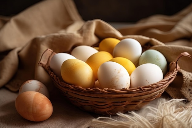 Basket of fresh eggs on a rustic wooden table Generative AI