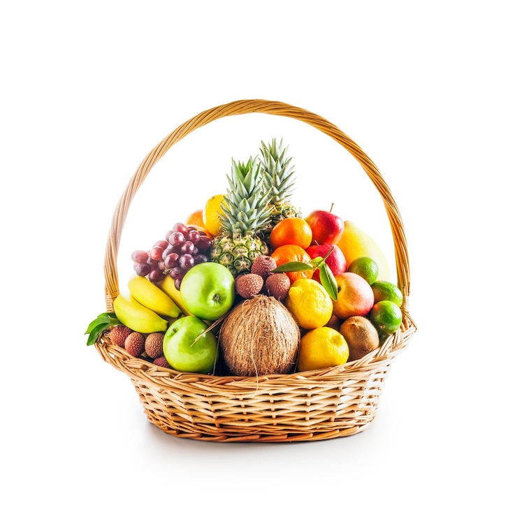 Photo basket of fresh fruits healthy eating and dieting concept winter assortment single object on white background design element fruit arrangement