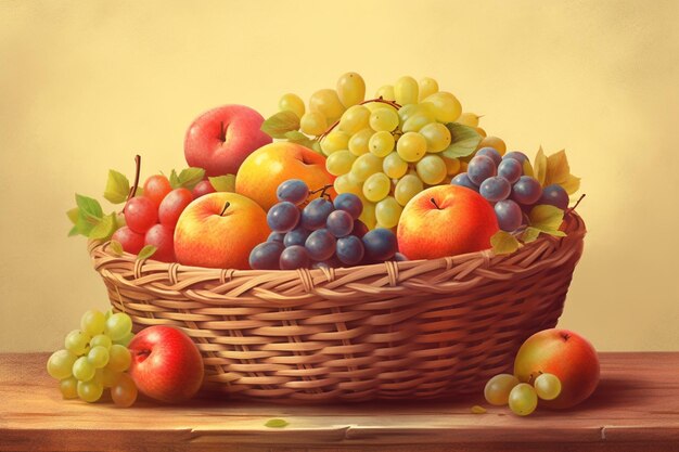 Basket of fresh fruits on a wooden table and yellow background