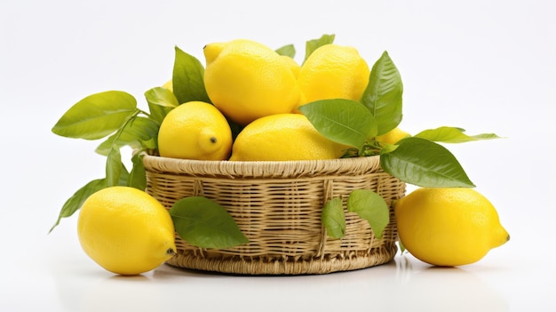 A basket of fresh lemons fruit on a white background
