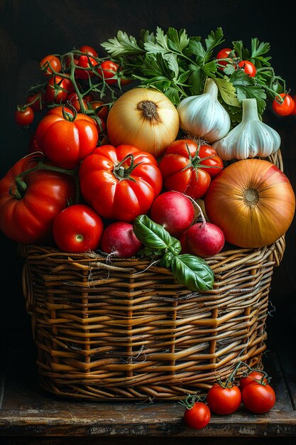 Foto cesto di ortaggi e frutta freschi biologici