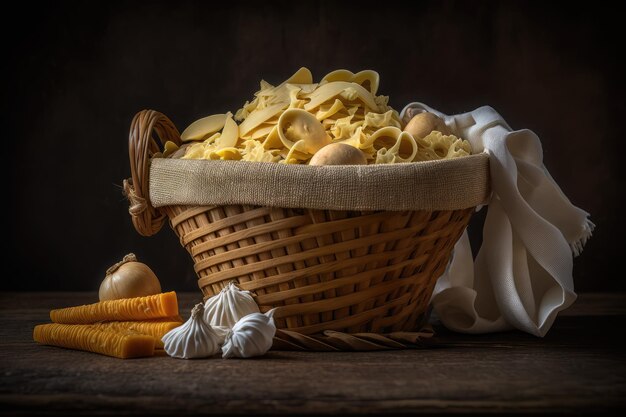 Foto cestino di pasta fresca pronta per essere cucinata e gustata creata con ai generativa