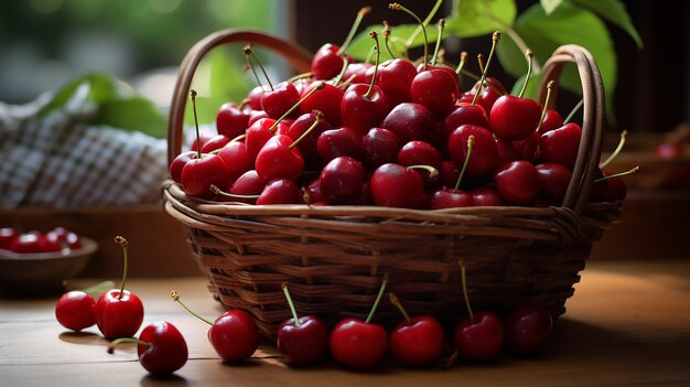 basket of fresh ripe cherries on a wooden table in a garden